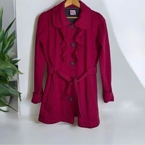 LA Kitty Pea Coat pink Gray button Tie Front size M Girls polka dots Dressy